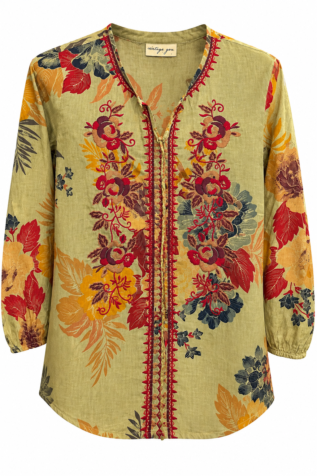 Trestles Clothing Company cotton tie front blouse in olive green with vibrant floral embroidery and long sleeves.